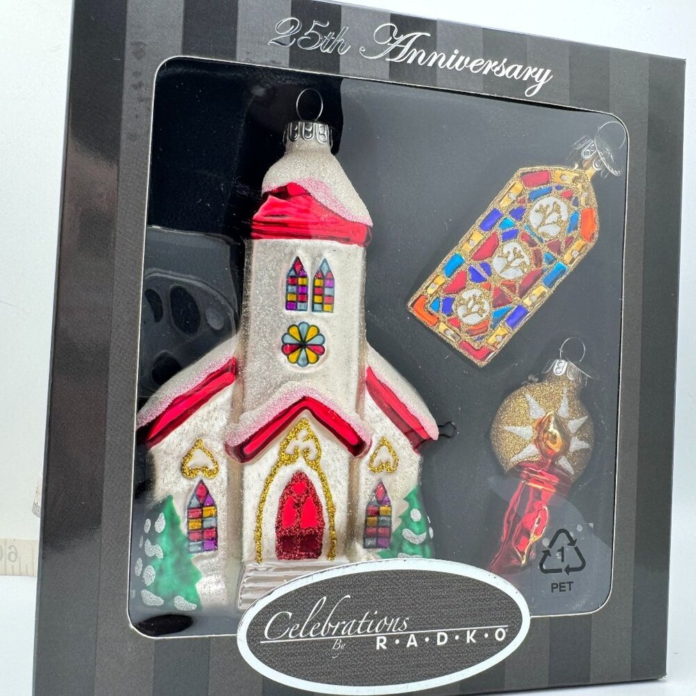 Christopher Radko 25th Anniversary Church Stained Glass Candle Ornament Set Gift